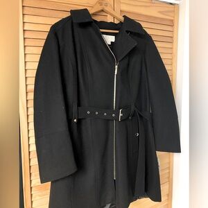 New Micheal Kors Plus Size 1x Belted Zip-Front Coat. Black wool with gold zipper